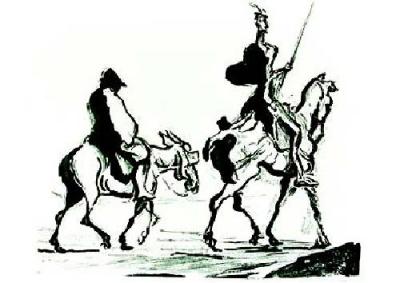 black & white image of Don Quixote on a horse with his sidekick behind