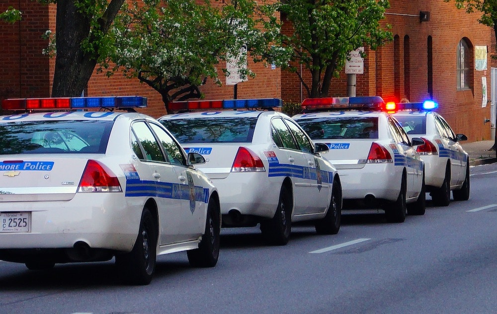 a line of parallel-parked police cars on the street
