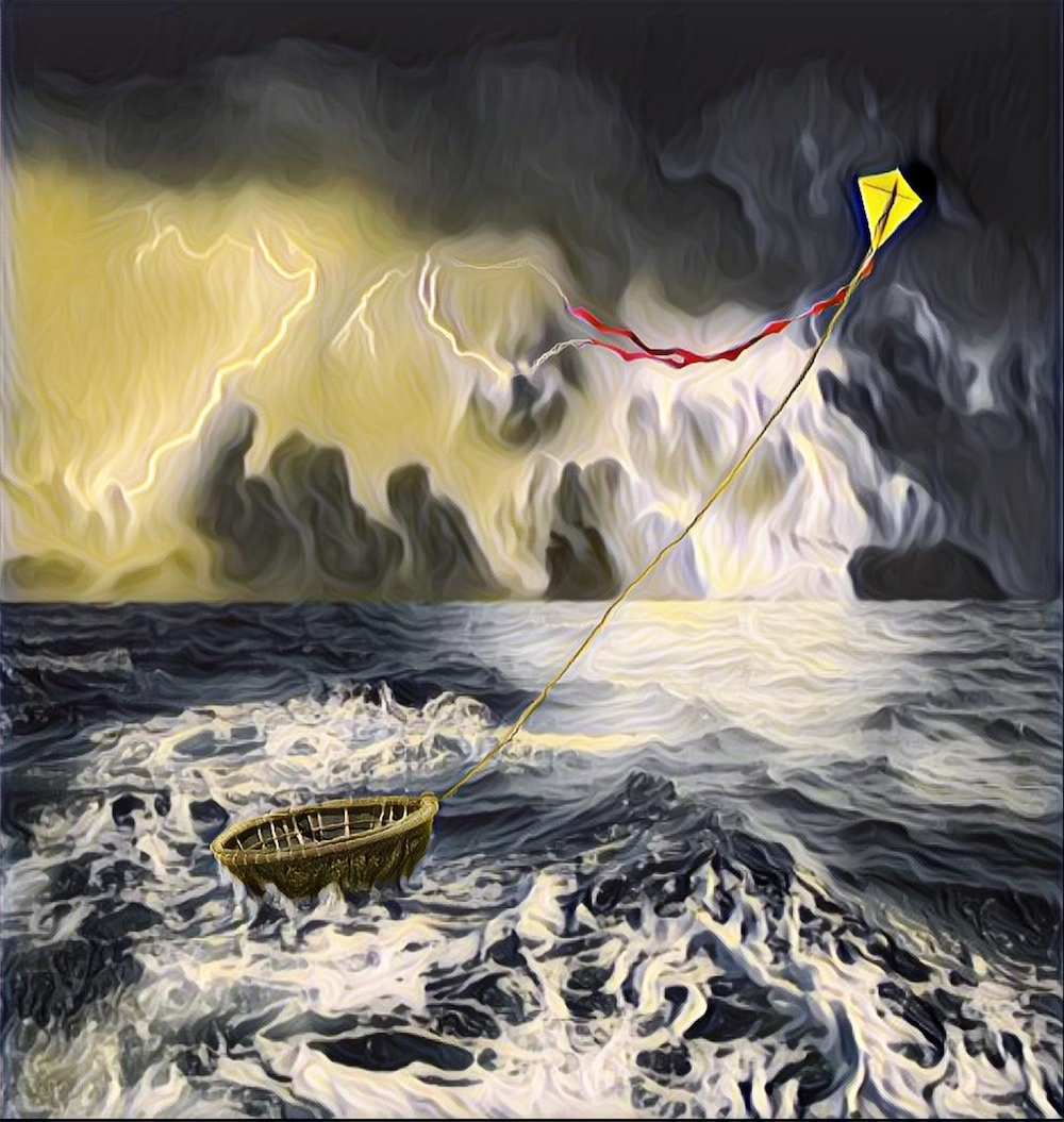 a row boat in a storm with a kite flying overhead