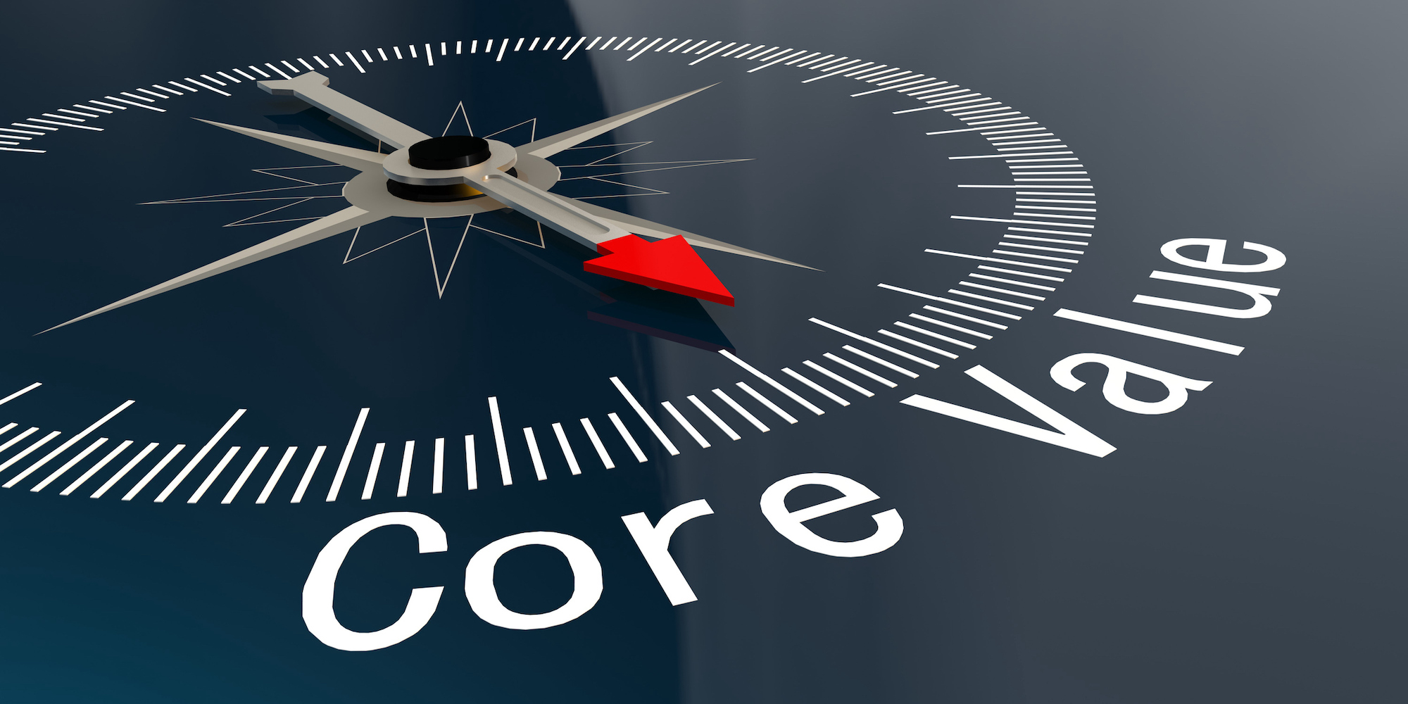 a compass with a black background. the red north arrow points to the words Core Value